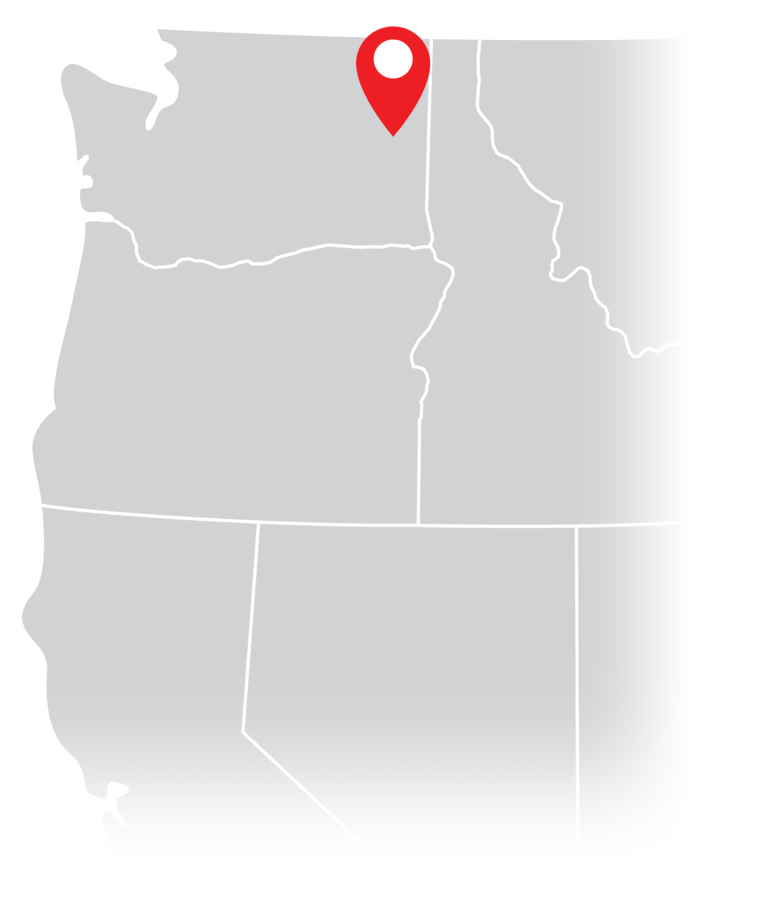 PNW map with pin in Spokane, WA